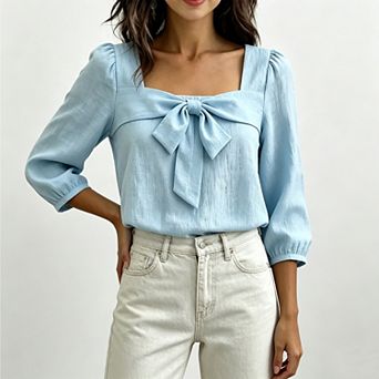 Women's Square Neck Bow 3/4 Puff Sleeve Casual Loose Blouse with Elastic Cuffs