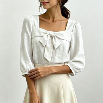 Women's Square Neck Bow 3/4 Puff Sleeve Casual Loose Blouse with Elastic Cuffs