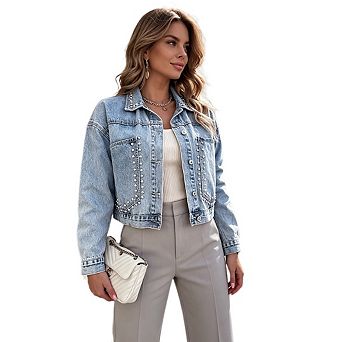 Women's Casual Lapel Long Sleeve Denim Jacket Button Down Rivet Distressed Cropped Coats