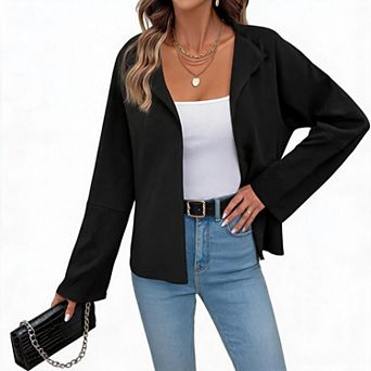 Women Open Front Lapel Long Sleeve Cropped Jacket Casual Lightweight Blazer Coat