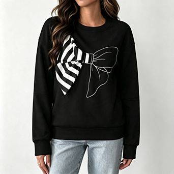 Women's Crew Neck Striped Bow Decor Sweatshirt, Spring Fall Casual Pullover Tops