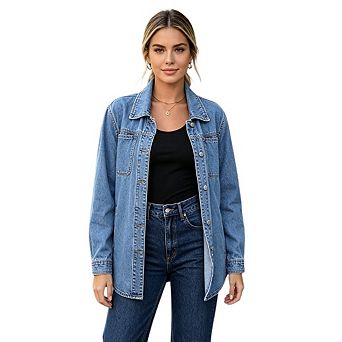 Women's Casual Lapel Long Sleeve Denim Jacket Trendy Button Down Coats With Pockets