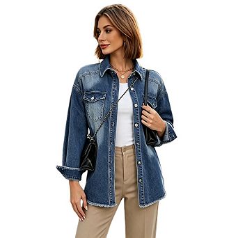 Women's Classic Lapel Long Sleeve Jean Jacket Button Down Raw Hem Distressed Coats With Pockets