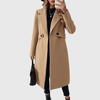 Womens Long Trench Coat Slim Fit Notched Lapel Collar Double Breasted Jackets Pea Coat Outwear