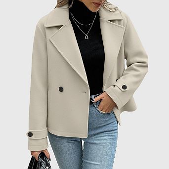 Womens Cropped Pea Coat Notched Lapel Collar Double Breasted Short Jacket Trench Coat Outwear