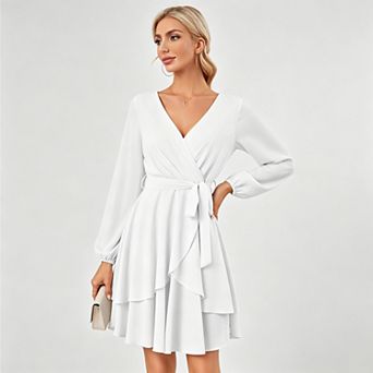 Women's Long Sleeve Deep v Neck Wrap Waist Tie Layered Ruffle Swing Short Dress