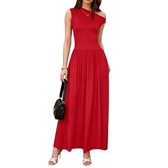 Womens Sleeveless One Shoulder Slim Fit Swing Pleated Hem Elegant Flowy Formal Maxi Dress