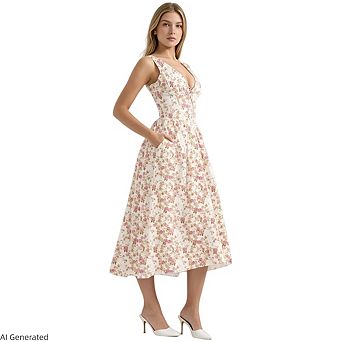 Womens Deep V Neck Corset Wedding Guest Floral Tea Party Flowy Formal Midi Dress