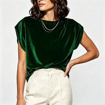 Womens Vintage Elegant Velvet Cap‑Sleeve Crew Neck Top for Party