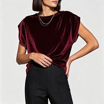 Womens Vintage Elegant Velvet Cap‑Sleeve Crew Neck Top for Party
