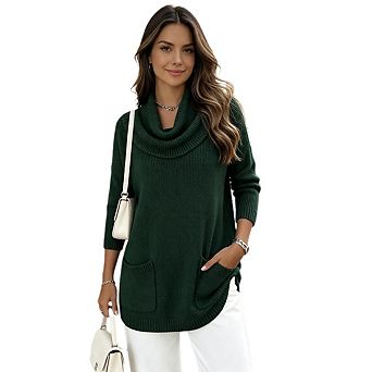 Women's Casual Cowl Neck Long Sleeve Knit Top Loose Tunic Pullover Sweaters With Front Pockets