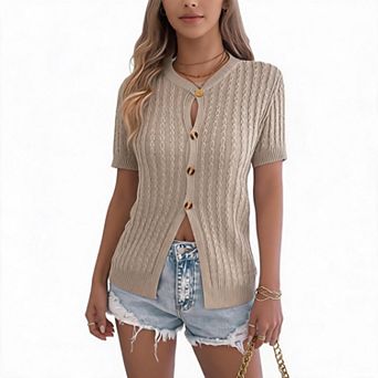 Women Cable Knit Crew Neck Short Sleeve Button Front Knit Cardigan Blouse Top