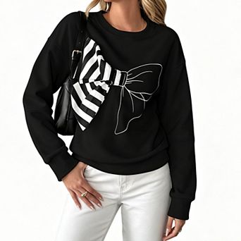Women's Round Neck Pullover Sweatshirt Bow Decor Long Sleeve Casual Loose Sweatshirt