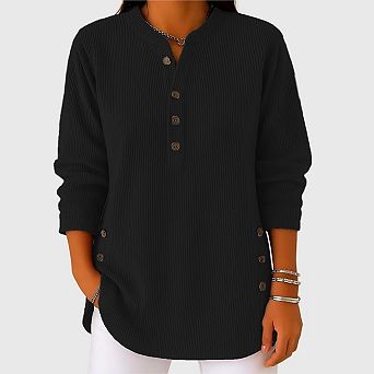 Women's Long Sleeve Corduroy Henley Shirts Button Down Loose Fit Basic Casual Pullover Tunic