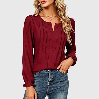 Womens Pleated Ruffle Long Sleeve Tunics Tops Dressy Casual Fall V Neck Work Business Blouses