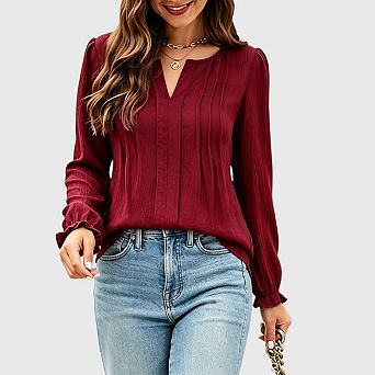 Womens Pleated Tunics Tops Dressy Casual Fall V Neck Ruffle Long Sleeve Work Business Blouses