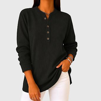 Women's Corduroy Henley Shirts Long Sleeve Button Down Loose Fit Basic Casual Pullover Tunic