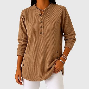 Women's Corduroy Henley Shirts Long Sleeve Button Down Loose Fit Basic Casual Pullover Tunic