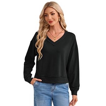 Women Cropped Sweatshirt V Neck Long Sleeve Crop Pullover Tops Fall Casual Slit Side Sweatshirt