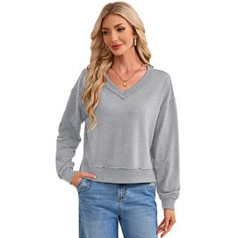 Women Cropped Sweatshirt V Neck Long Sleeve Crop Pullover Tops Fall Casual Slit Side Sweatshirt