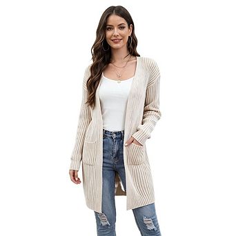 Women's Long Sleeved Cardigan With Pockets Button Ribbing Knitted Sweater Coat