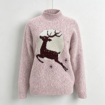 Women's Christmas Reindeer Print High-Neck Long-Sleeve Plush Knit Pullover