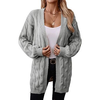 Women Retro Cable Twist Knit Loose Fit Mid Length Open Front Long Sleeve Knitted Cardigan Sweater