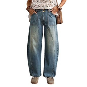 Women Relaxed Fit Barrel Jeans Vintage Distressed High Waisted Cuffed Baggy Barrel Pants with Pocket