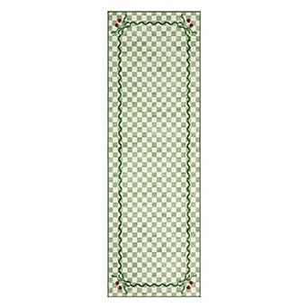 Checkered Cherry Bow Machine Washable Area Rug Non Slip Thin Carpet for Girls Room Bedroom Playroom