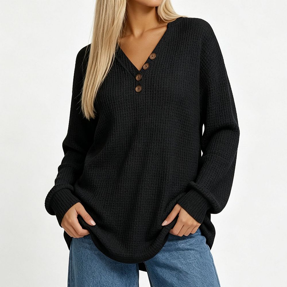 Women V Neck Button Waffle Knit Sweatshirt, Long Sleeve Loose Fit ...
