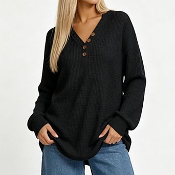 Women V Neck Button Waffle Knit Sweatshirt, Long Sleeve Loose Fit Casual Henley Pullover Top