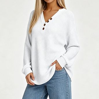 Women V Neck Button Waffle Knit Sweatshirt, Long Sleeve Loose Fit Casual Henley Pullover Top