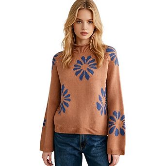 Women's Casual Turtleneck Sweater Round Neck Floral Color Block Print Long Sleeve Knit Sweater Top