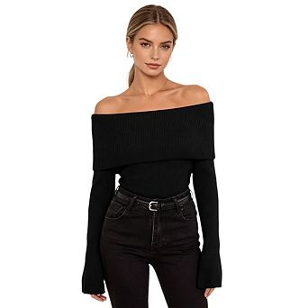 Women's Off Shoulder Long Sleeve Ribbed Knit Pullover Backless Knit Sweater