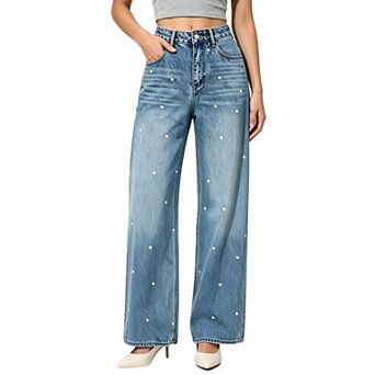 Women High Waist Wide Leg Jeans Heart Embroidery Denim Pants with Pockets