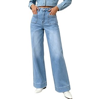 Women High Waist Wide Leg Jeans Patch Pockets Cuffed Hem Denim Pants