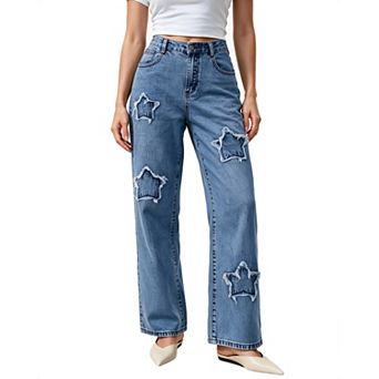 Women High Waist Wide Leg Jeans Star Patch Frayed Distressed Denim Pants with Pockets