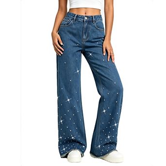 Women High Waist Embellished Wide Leg Jeans Frayed Hem Denim Pants