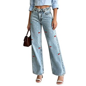 Women High Waist Wide Leg Jeans Cherry Embroidered Denim Pants