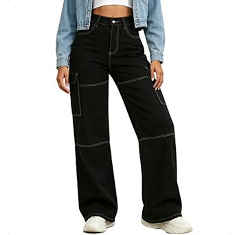 Women High Waist Cargo Jeans Contrast Stitching Wide Leg Denim Pants