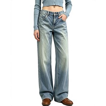 Women Mid Rise Wide Leg Jeans Classic Pockets Denim Pants for Ladies