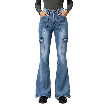 Women High Waist Cargo Bell Bottom Jeans Multi‑Pocket Denim Bell Bottom Pants