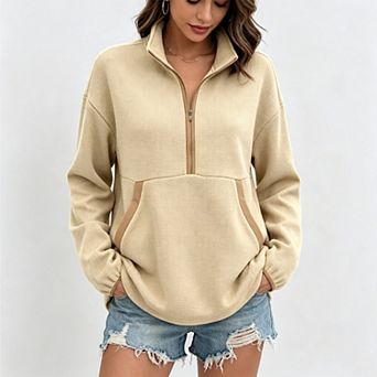 Women's Fall Lightweight Mock Neck Half‑Zip Long Sleeve Loose Fit Sweatshirt