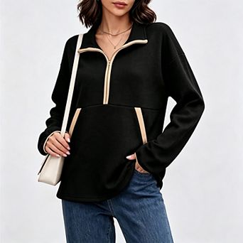 Women's Fall Lightweight Mock Neck Half‑Zip Long Sleeve Loose Fit Sweatshirt