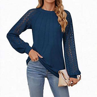 Women Top Lace Panel Crew Neck Pleated Front Long Sleeve Elegant Casual Blouse