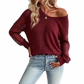 Women Top Off Shoulder Waffle Knit Lace Panel Long Sleeve Elegant Casual Blouse