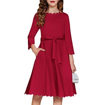 Arshiner Girls Party Dress Scallop Trim Belted A-Line Formal Midi Dresses with Pockets