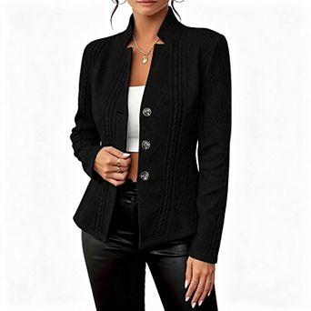 Women Textured Stand Collar Blazer Jacket, Long Sleeve Button‑Front Slim Fit Casual Short Outerwear