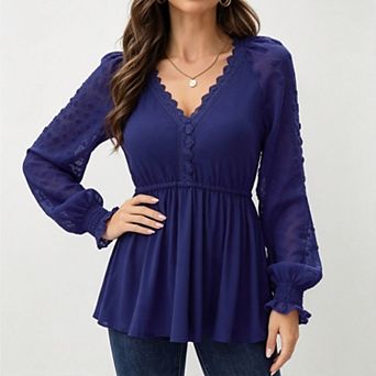 Women's Lace v‑Neck Swiss Dot Sheer Puff Long Sleeve Babydoll Blouse, Spring Summer Casual Top