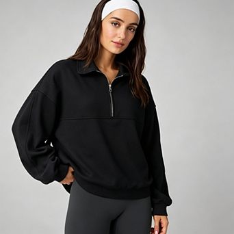 Women Soft Cotton‑Blend Oversized Half Zip Polo Collar Casual Long Sleeve Sweatshirt